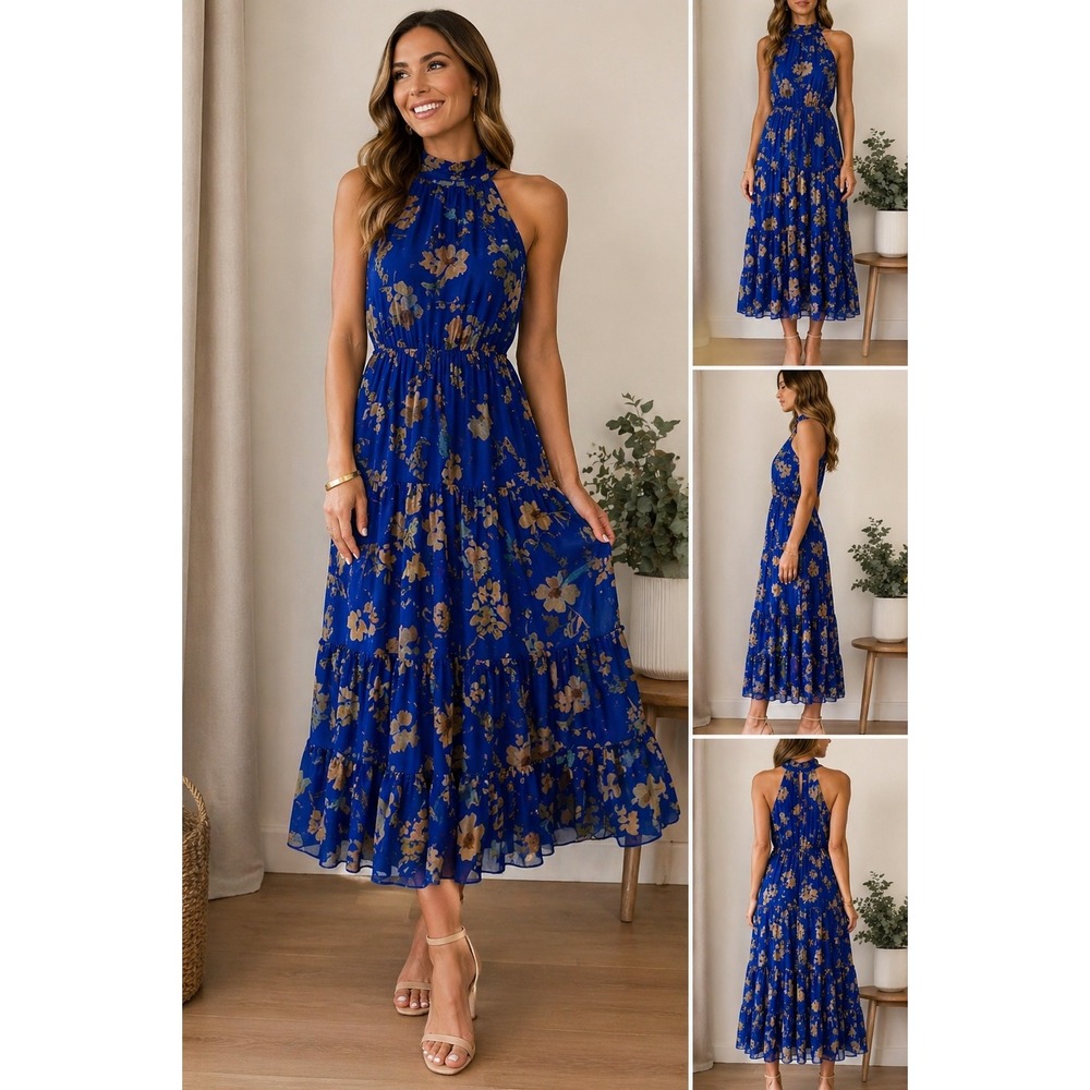 Lulus Dress Womens XS Blue Floral Maxi Halter Ruffle Tiered Chiffon Smocked